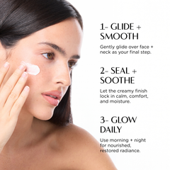 Woman applying cream to her face with skincare instructions on a white background