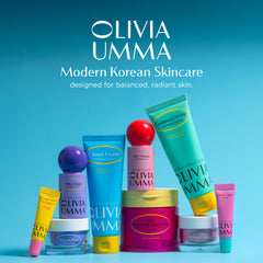 Collection of Olivia Umma skincare products on a blue background with brand name displayed.