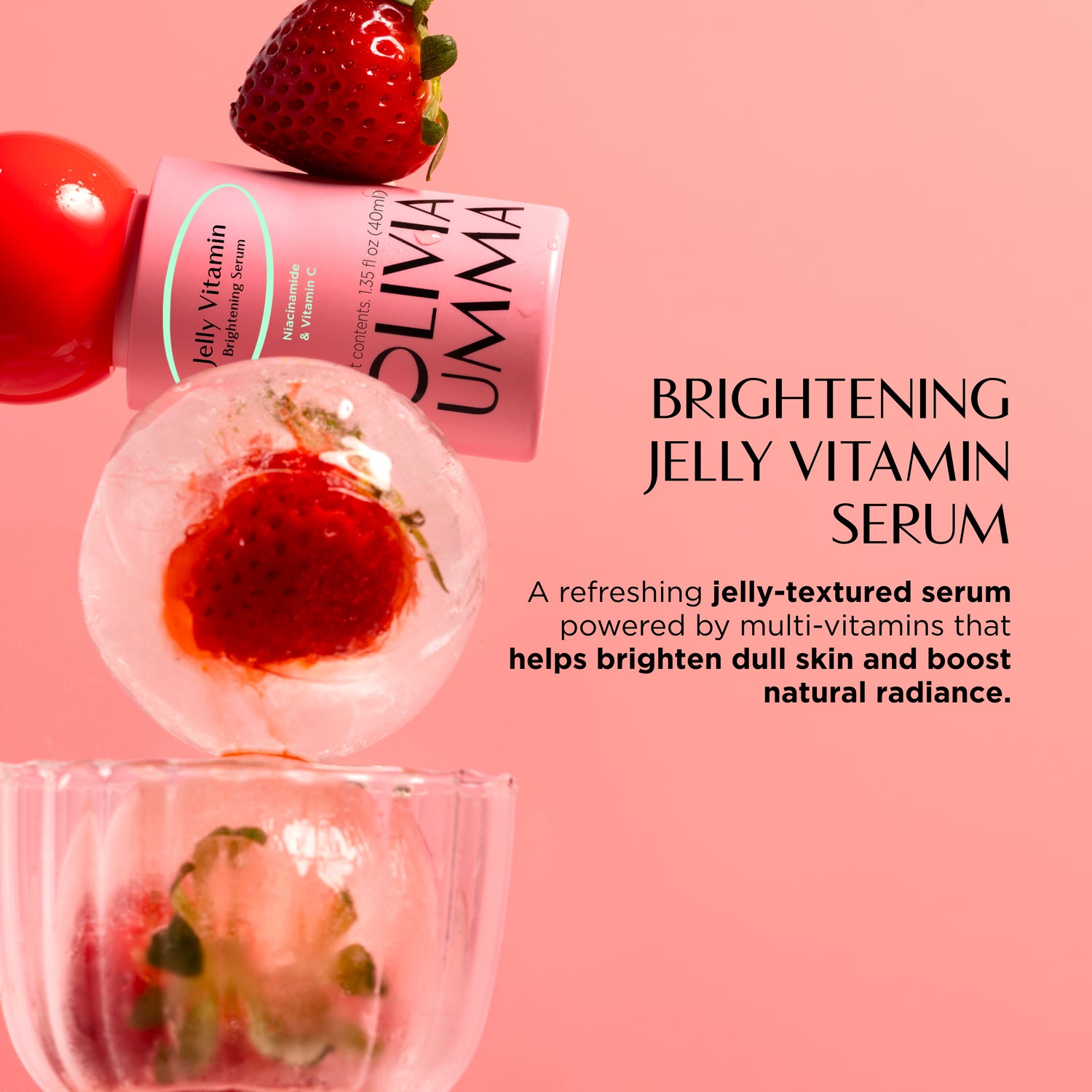 Oliviaumma brightening jelly vitamin serum with strawberry on a pink background