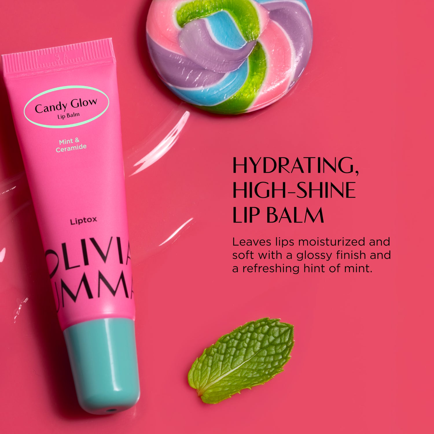 Candy glow lipbalm mint & ceramide tube with green leaf on a pink background