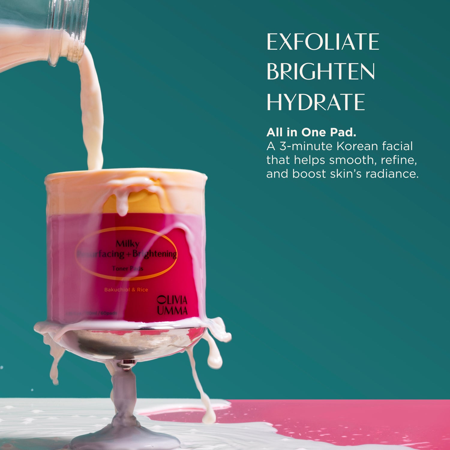 Facial pad with pink cream being poured onto it against a teal background, featuring text about skincare benefits.