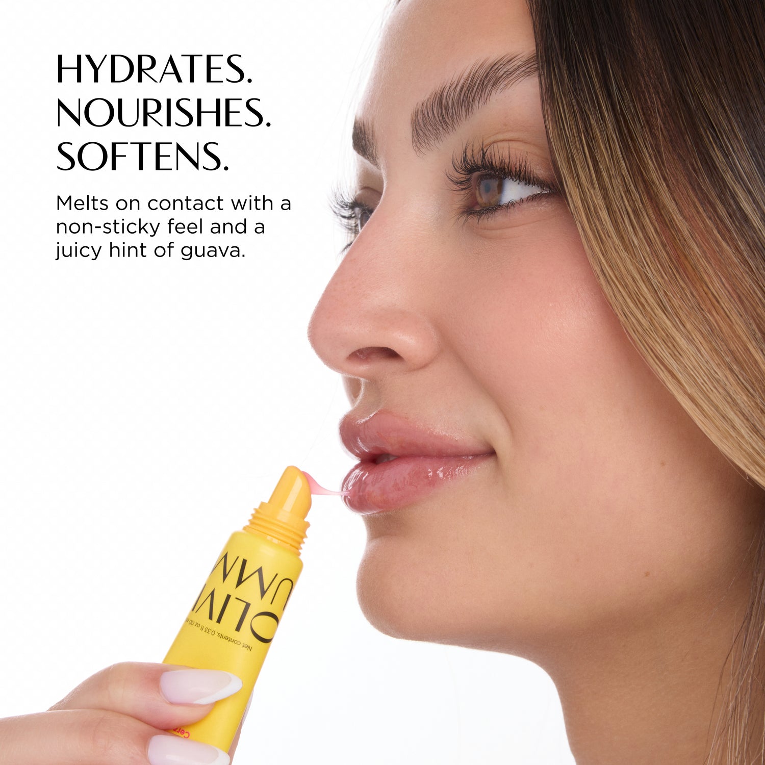 Woman applying a yellow lip balm with text about its hydrating, nourishing, and softening properties.