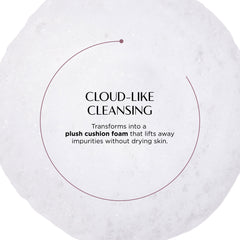 Cushion with text describing cloud-like cleansing and plush cushion foam properties