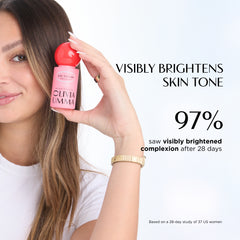 Woman holding a serum with text about skin tone improvement.