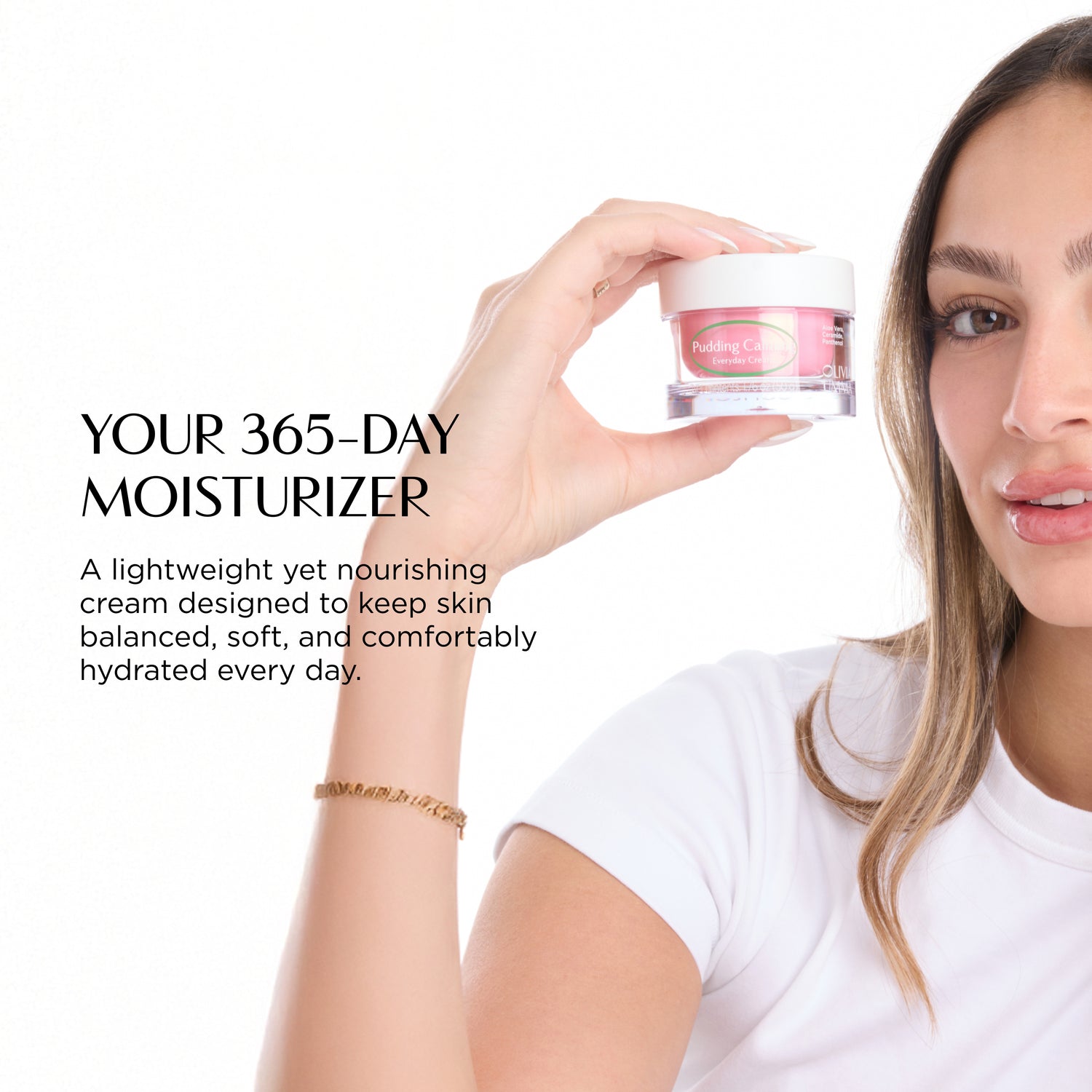 Woman holding a jar of moisturizer with product description text on a white background