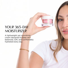 Woman holding a jar of moisturizer with product description text on a white background