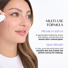 Woman applying a product to her face with text about a multi-use formula, premium serum, and silky primer.