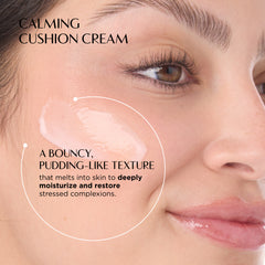 Close-up of a woman's face with text about calming cushion cream.