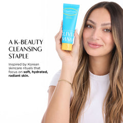 Woman holding a blue cleansing product with text about K-beauty cleansing and Korean skincare.