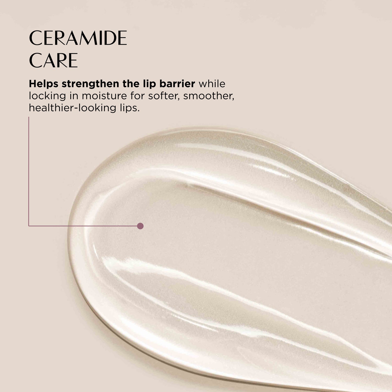 Lip balm with text about ceramide care on a beige background