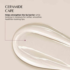 Lip balm with text about ceramide care on a beige background