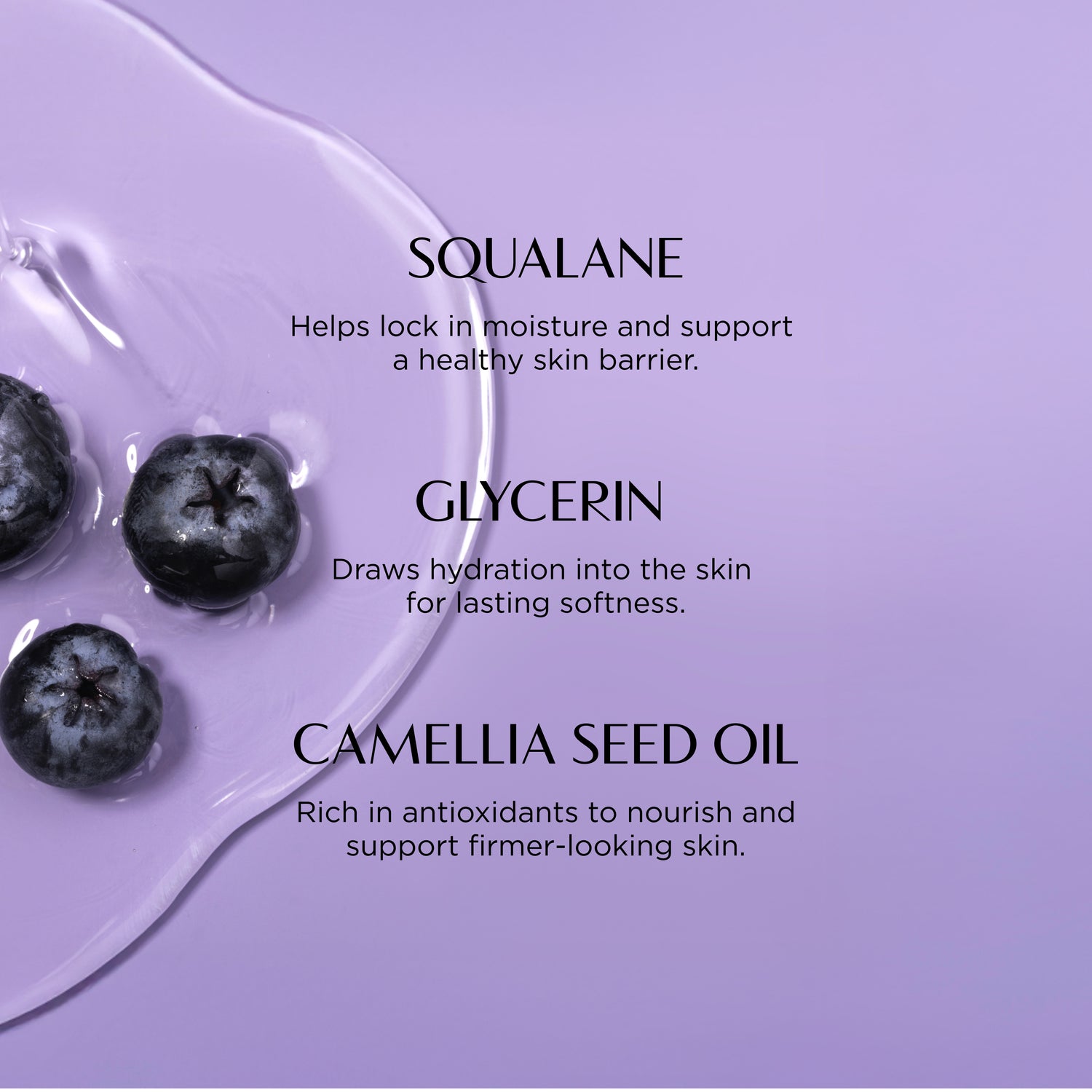 Purple background with blueberries and text about skincare ingredients on a white plate.