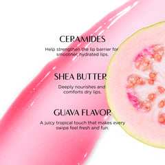Pink lip balm with guava flavor and text about ceramides and shea butter on a white background.