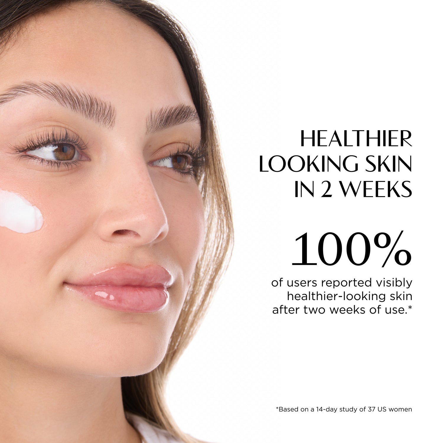 Advertisement for skincare product showing a woman's face with a product applied, text about skin health benefits.