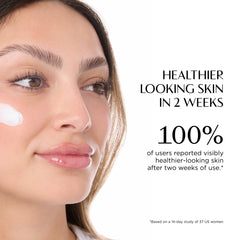 Advertisement for skincare product showing a woman's face with a product applied, text about skin health benefits.