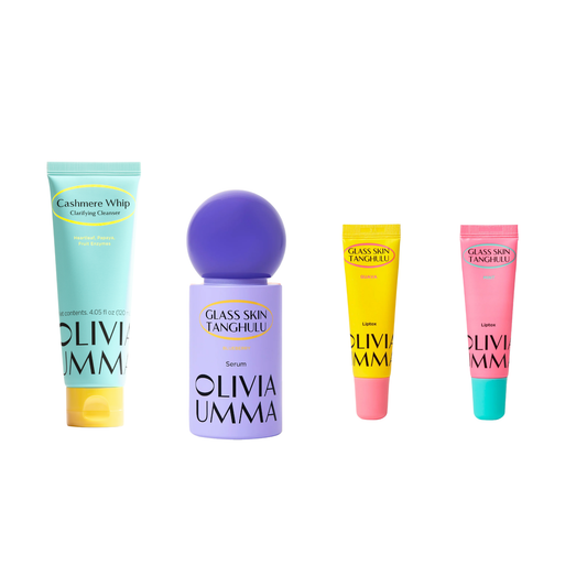 Set of skincare products with cGlass Skin Starter Set on a white background, featuring the brand 'Olivia Umma'.