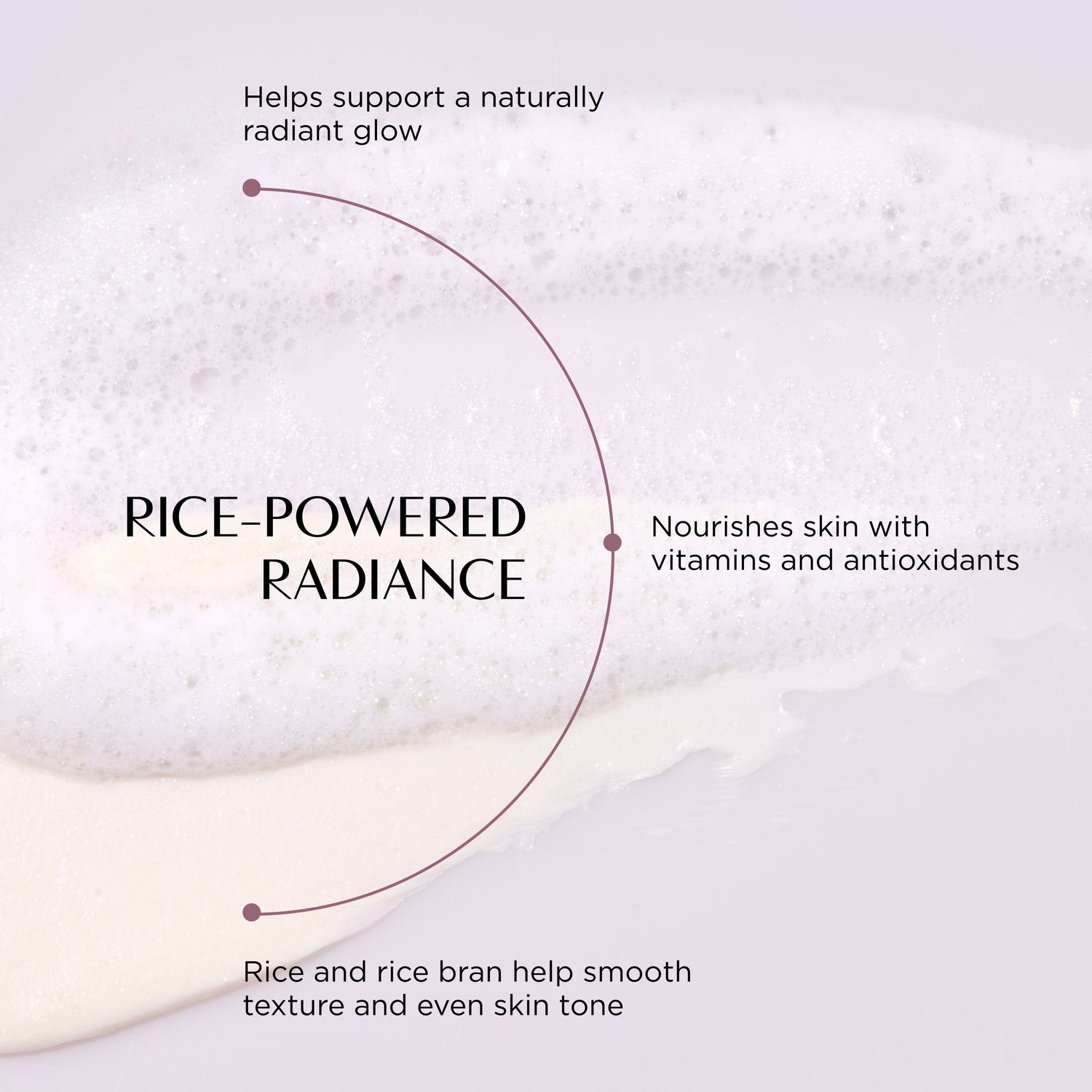 Text about rice-powered radiance skincare product on a light background