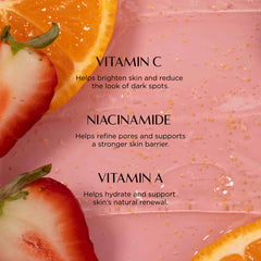 Fruits with text about vitamin benefits on a pink background