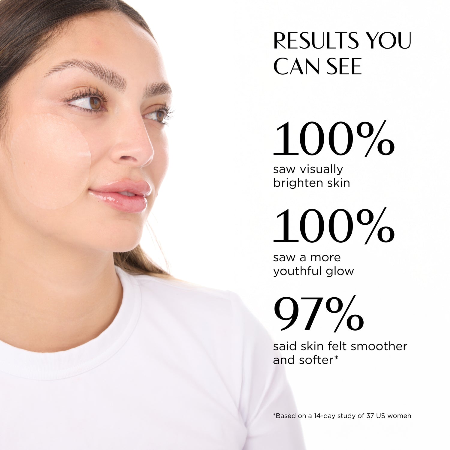 Woman with text indicating skin improvement results on a white background