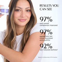 Woman holding a jar of Cetaphil with skincare statistics on a white background