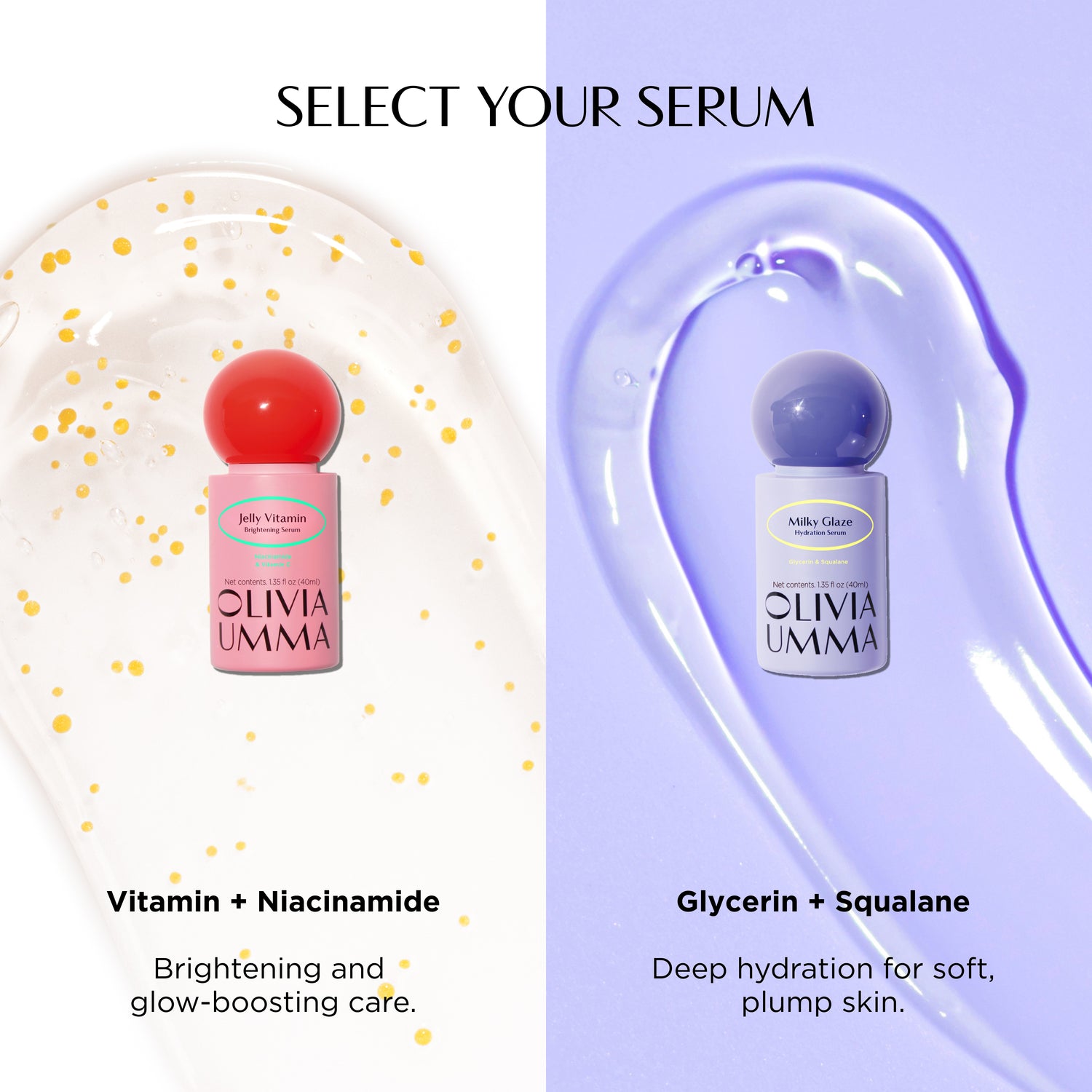 Two bottles of Olivia Umma serums on a white and purple background with text describing their benefits.