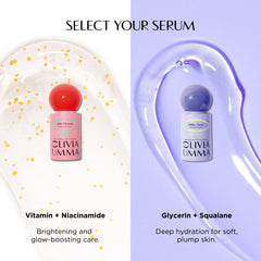 Two bottles of Olivia Umma serums on a white and purple background with text describing their benefits.