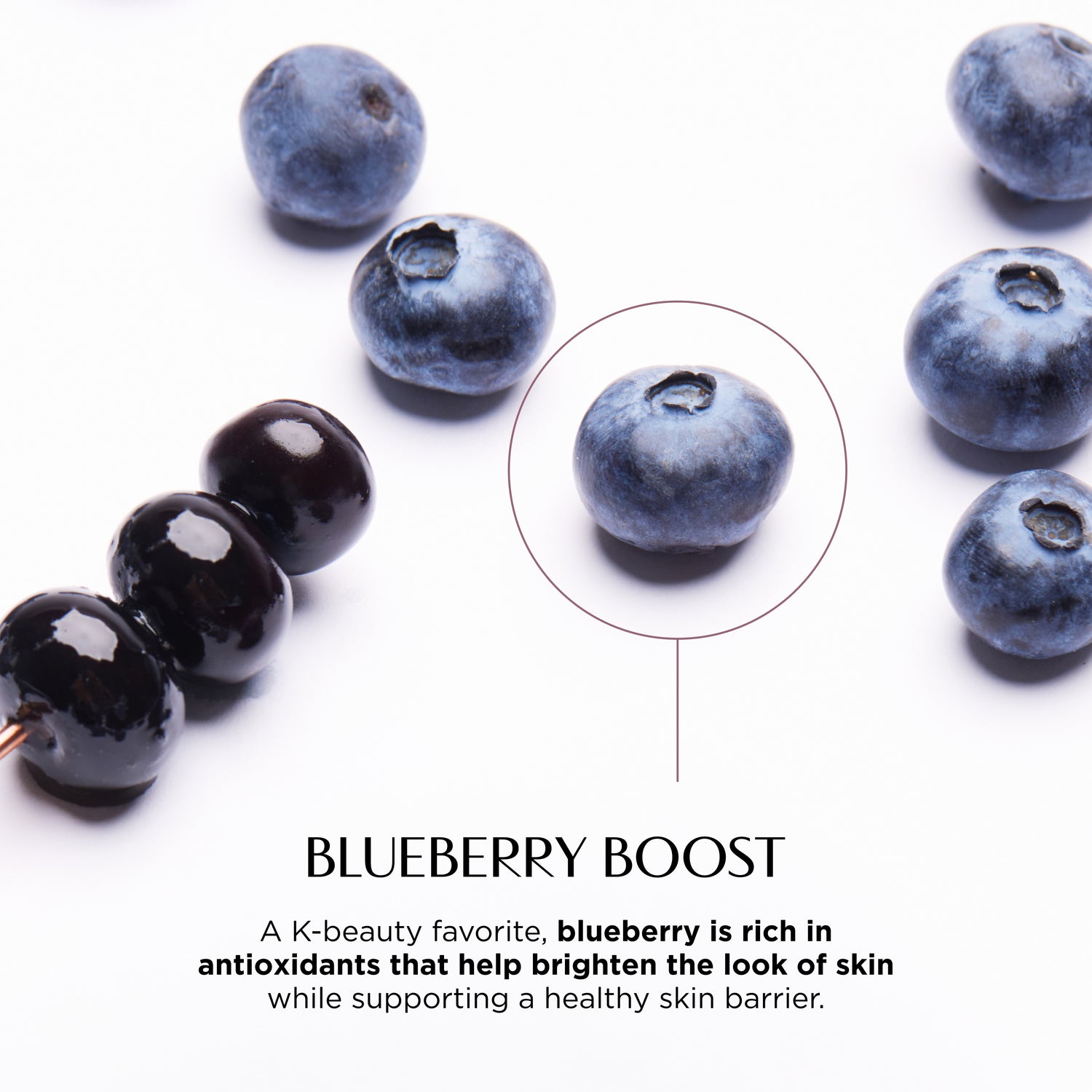 Blueberries on a white background with text about blueberry benefits.