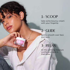 Woman holding a jar of bouncy cream with step-by-step instructions on a light gray background