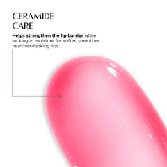 Pink lip balm with text about ceramide care on a white background