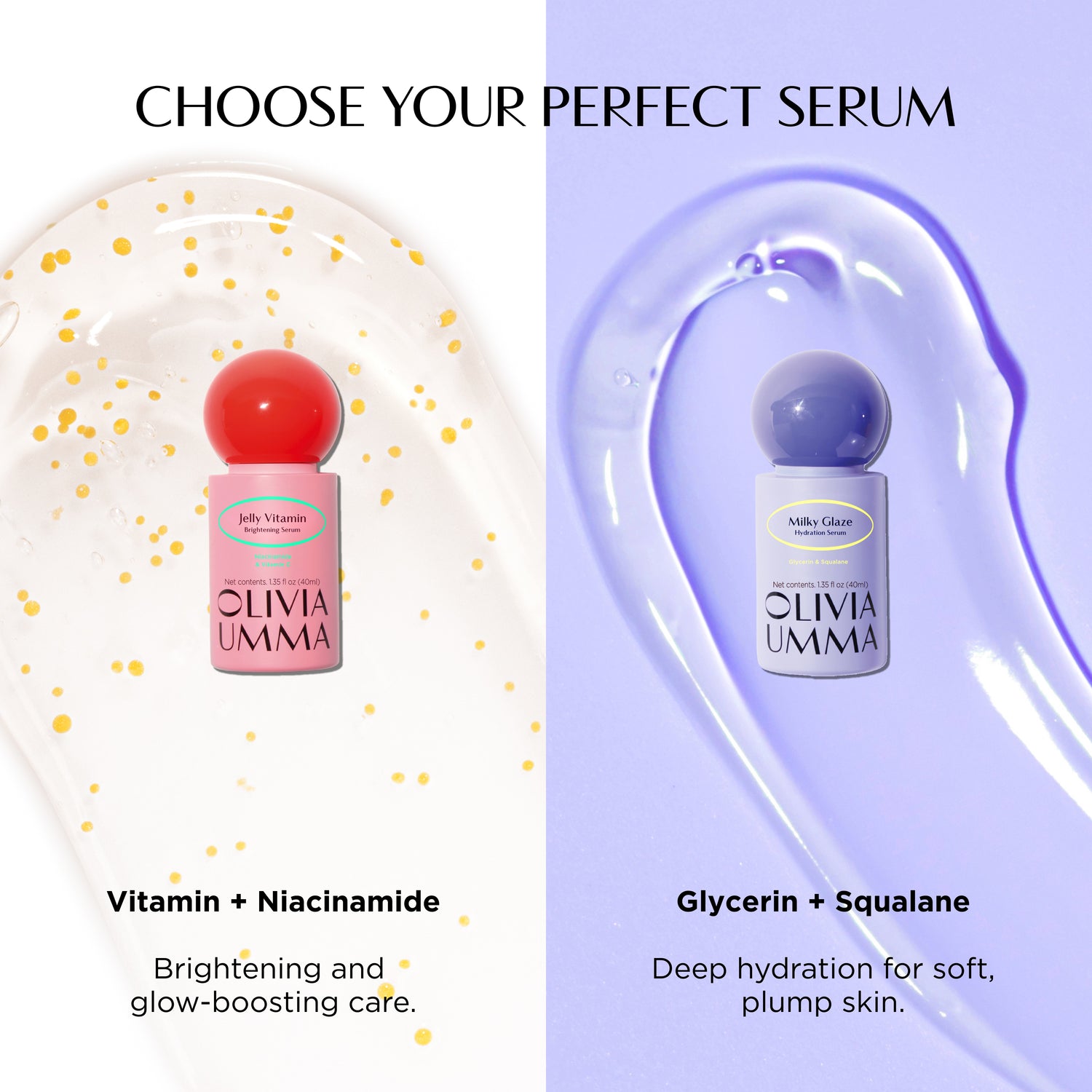 Two skincare serum bottles with labels 'Vitamin + Niacinamide' and 'Glycerin + Squalane' on a white and purple gradient background.