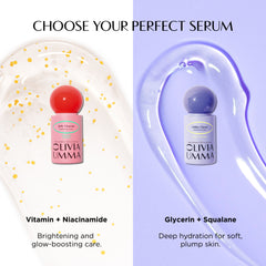 Two skincare serum bottles with labels 'Vitamin + Niacinamide' and 'Glycerin + Squalane' on a white and purple gradient background.