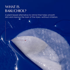 Bakuchiol cream with blue background and text about its benefits