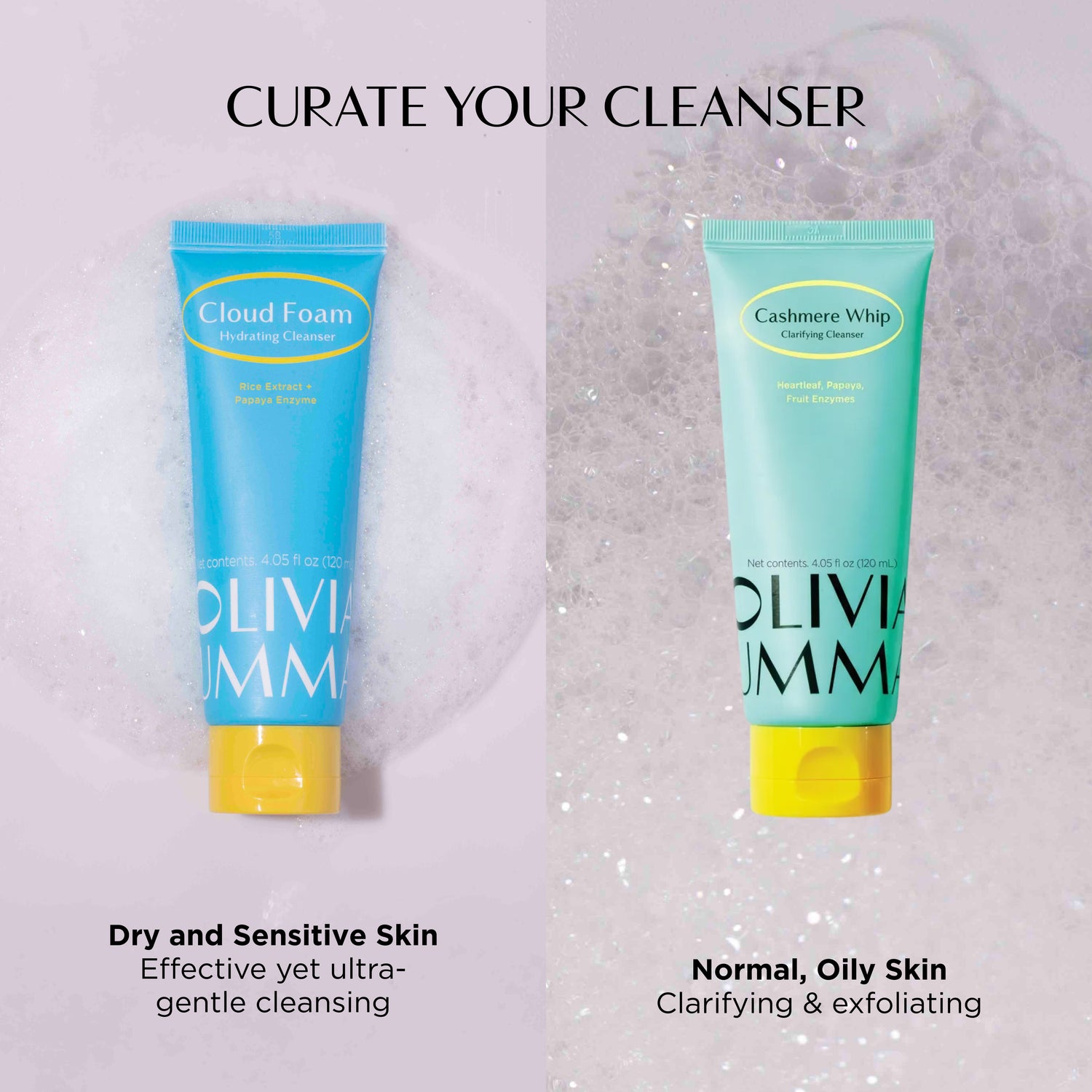 Two tubes of Olivia Umme cleanser with text describing their uses on a textured background.