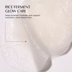 Rice ferment glow care product with text on a white background