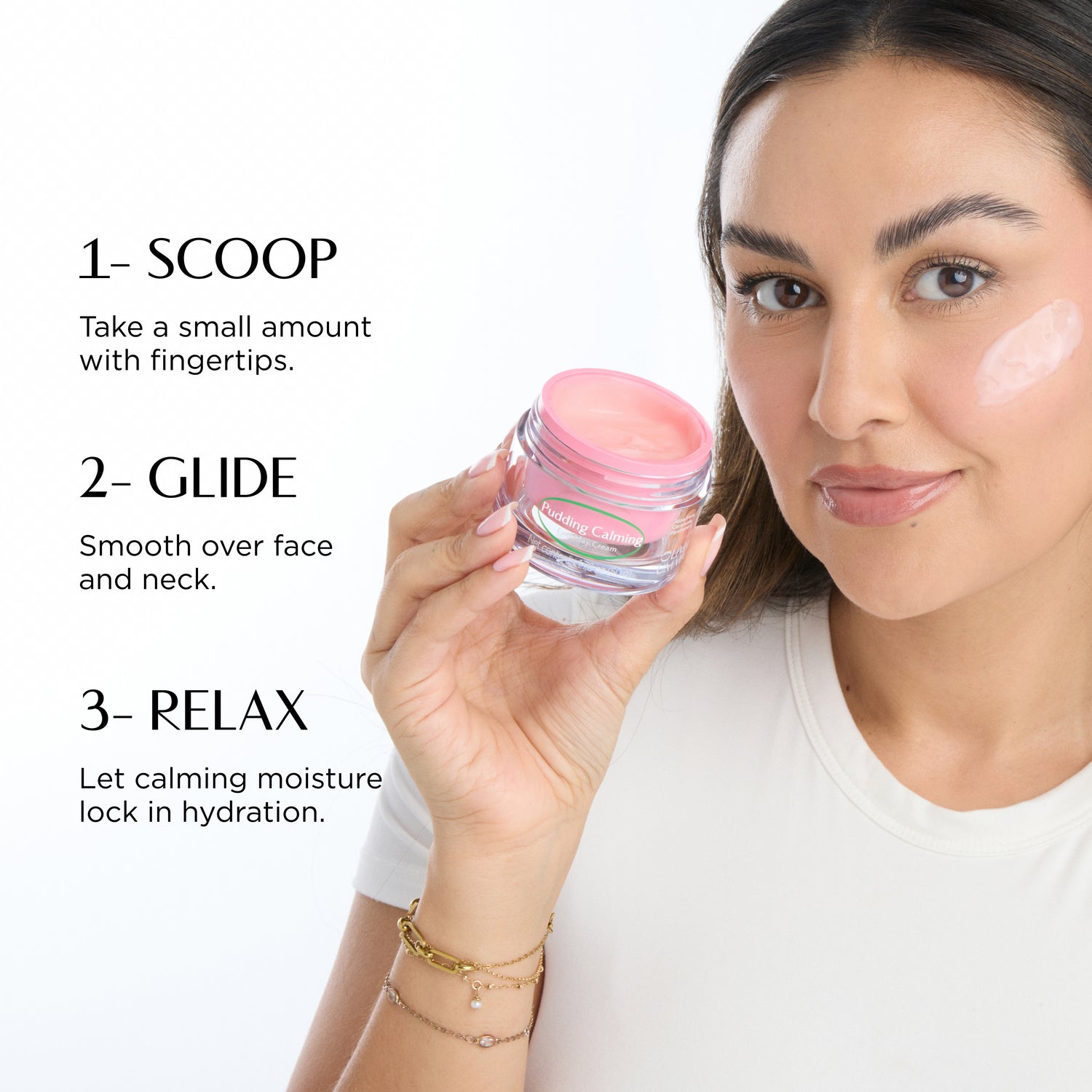 Woman holding a jar of cream with step-by-step instructions on a white background