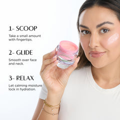Woman holding a jar of cream with step-by-step instructions on a white background