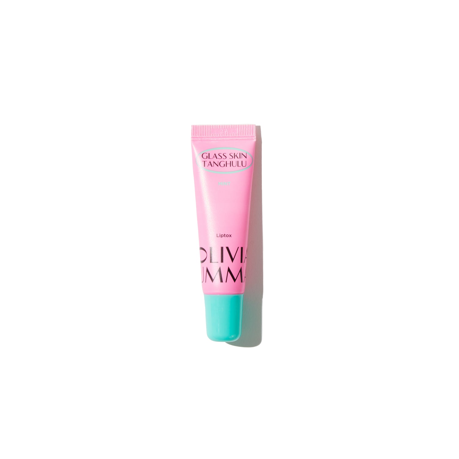 A tube of lip balm with a pink body and a teal cap, labeled 'GLASS SKIN TANGHULU LIPTOX MINT'.